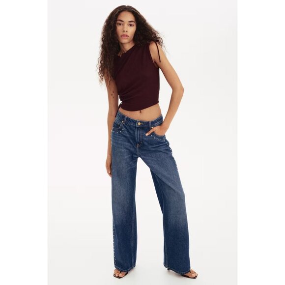 H&M Wide High Studded Jeans in Dark Denim Blue - Picture 2 of 5